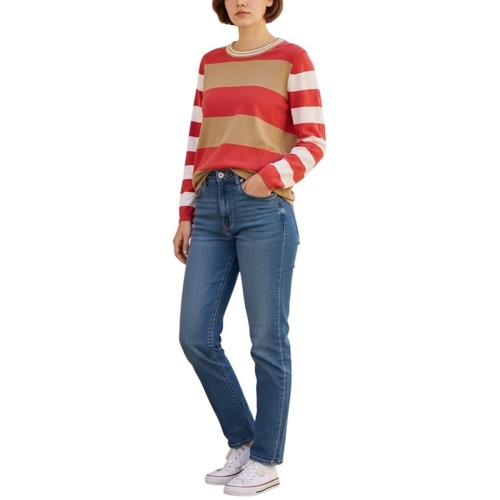 Tommy Hilfiger Striped‎ Sweater Size M Coral Tan Preppy Casual Chic Colorblock